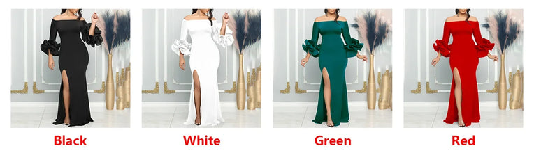 Elegant Sexy Side Slit Long Dress For Women Independent Stand Trade Clothing One-character Collar Leaf Sleeves Evening Dress
