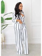 Women's Fashionable Strip Casual Two pieces Long Pants and Shirt