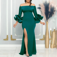 Elegant Sexy Side Slit Long Dress For Women Independent Stand Trade Clothing One-character Collar Leaf Sleeves Evening Dress