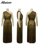 Mlaiscsr Metallic Golden One Shoulder Sleeveless Pleated A-Line Long Dress Elegant Women Luxury Birthday Evening Gowns Vestidos