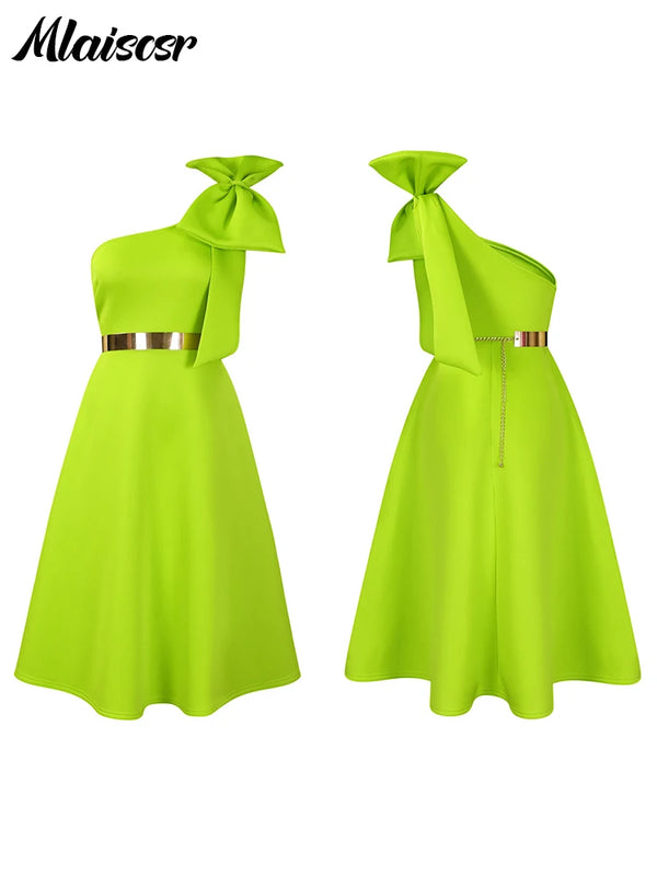 Mlaiscsr Woman One Shoulder Bow High Waisted Birthday Party Wedding Elegant A Line Pleated White Mid Dresses with Belt Outfits