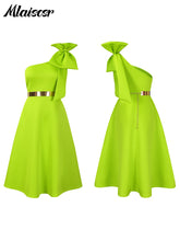 Mlaiscsr Woman One Shoulder Bow High Waisted Birthday Party Wedding Elegant A Line Pleated White Mid Dresses with Belt Outfits