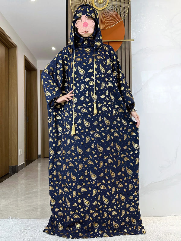 High Grade Fabric Cotton Ramadan Muslim Women's Abaya with Two-Hats Dubai Turkey Style Islamic Prayer Clothing Kaftan Dress