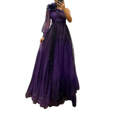2024 Womens Evening Dress One Shoulder Pleated Pleated Mesh Single Long Sleeve Slim Waist A-line Floor Length Slit Banquet Dress