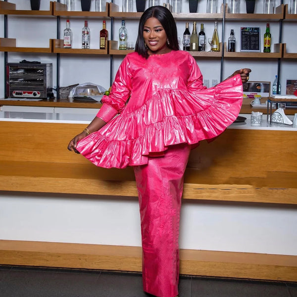 Women's African Designer Bazin Riche Evening Gowns Large Size with Headscarf Dashiki Robe