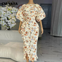 CM.YAYA Women Lantern Half Sleeve Ruffles Side Floral Print Side Split Long Maxi Dress 2025 Evening Sexy Party Dresses Vestidos