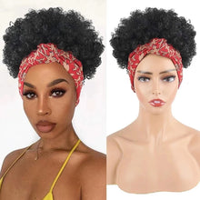 Short Kinky Curly Headband Wig Afro Puff Curly Headband Wig with Bangs for Women Natural Ombre Blonde Synthetic Turban Wrap Wig