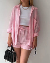 Women's Short Sets 2 Pcs Sale Grass Green Loose Button Cardigan Blouse Coats & Drawstring Wide Leg Loose Short Pant Suits