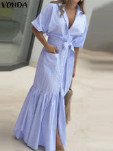 Elegant Striped Printing Short Sleeve Maxi Long Dress Casual Daily Shirt Dress 2025 VONDA Beach Party Sundress Bohemian Vestidos