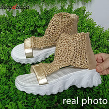 2024 Hot Seller New Gold Knitted Sandals for Women Braided Elastic Summer Shoes Mesh Flat Bottom Hollow Out Female Sandals