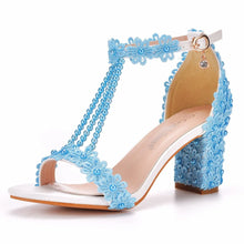 Plus Size 34-43 Shoes for Women Summer Lace Flower Sandals Peep Toe Fashion String Bead High Heel Party Wedding Evening Shoes
