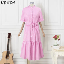 Elegant Striped Printing Short Sleeve Maxi Long Dress Casual Daily Shirt Dress 2025 VONDA Beach Party Sundress Bohemian Vestidos