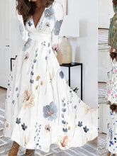 Autumn Floral Elegant Party Long Dress For Women Sexy Deep V Neck Long Sleeve Slim White Print Casual Maxi Dresses 2024 Spring
