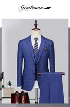 High-end Brand Classic Blue or Gray Plaid Men's Casual Business Suit Retro Official Suit Groom Wedding Dress Jacket Vest Pants