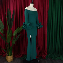 Elegant Sexy Side Slit Long Dress For Women Independent Stand Trade Clothing One-character Collar Leaf Sleeves Evening Dress