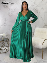 Mlaiscsr Elegant Wedding Guest Pleated Long Dress Women V Neck Lantern Sleeves Sashes Big Swing Sexy Birthday Party Evening Robe