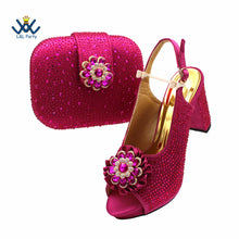2022 Sweet  Special Design Women Crystal Style African Ladies Party Shoes Matching Bag in Magenta Color