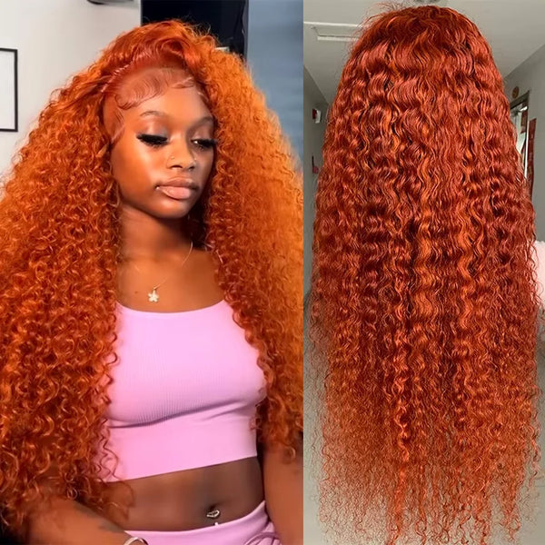 Orange coloured Water wave 13x6 hd lace frontal human hair wig Preplucked
