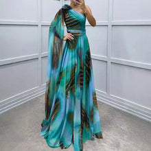 Women Spring Printed Floor Length Dress Elegant Flower Inclined Shoulder Hollow Evening Dress Fall High Waist Chiffon Long Dress