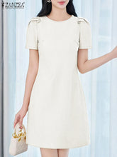 ZANZEA Korean Fashion Puff Sleeve Short Dresses Commute Elegant Solid Fitted Waist Party Robes Women Textured A-line Vestidos
