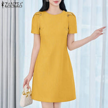 ZANZEA Korean Fashion Puff Sleeve Short Dresses Commute Elegant Solid Fitted Waist Party Robes Women Textured A-line Vestidos