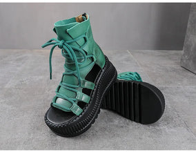 Koznoy 8cm Ethnic Cow Genuine Leather Ankle Booties Women Hollow Peep Toe Platform Wedge Breathable Zip Summer Fashion Shoes