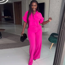 Casual Women's Solid Two Piece Sets Spring Summer Turn-down Neck Short Sleeve Loose Top & Wide Leg Pants Set Streetwear Outfits