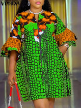 Plus Size 5XL VONDA Women Bohemian Printed Dress 2025 Summer Short Dress Flare Sleeve Party Sundress Casual Vestido Robe Femme