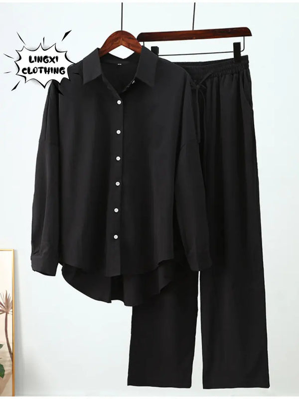 Summer Outfits for Women 2023 Fashion Loose Elastic Wrinkle Long Sleeve Shirt Wide Leg Pants Casual Set for Women 2 Piece Set