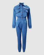 Two-Piece Set for Women 2024 Spring Tracksuit Denim Style Long Sleeve Pocket Button Design Shirt & Elastic High Waist Pants Set