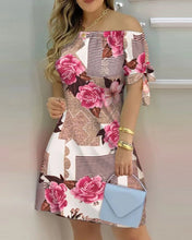 Fashionable Sexy Women's Print Dress Women's Word Shoulder Short -sleeved A -line Dress Ladies Off The Shoulder Mini Dresses