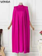 Women Evening Maxi Dress VONDA 2023 Summer Stand Collar Elegant Satin Long Bat Sleeve Pleated Sundress Casual Solid Robe Femme