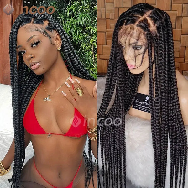 36 Inches Synthetic Knotless Large Square Box Braided Wigs Full Lace Frontal With Baby Hair For Afro American Women Braided Wigs