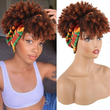 Short Kinky Curly Headband Wig Afro Puff Curly Headband Wig with Bangs for Women Natural Ombre Blonde Synthetic Turban Wrap Wig