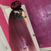 Yaki Long Ombre 99J Glueless 30'' Kinky Straight Lace Front Wig For Women With Baby Hair Synthetic Preplucked Daily Wig