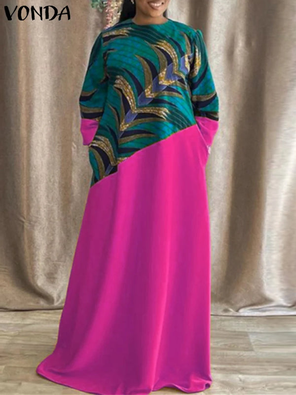 Plus Size 5XL VONDA Vintage Printed Women Maxi Dress Bohemian Patchwork Party Sundress Casual Loose Long Sleeve Robe Vestidos