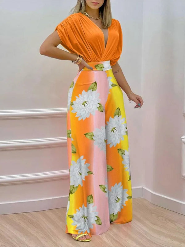 Summer New Printed Pants Sets Women Fashion Raglan Sleeves V-neck Cropped Top High Waist Wide Legs Trousers Two Piece Set Female