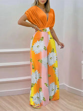 Summer New Printed Pants Sets Women Fashion Raglan Sleeves V-neck Cropped Top High Waist Wide Legs Trousers Two Piece Set Female