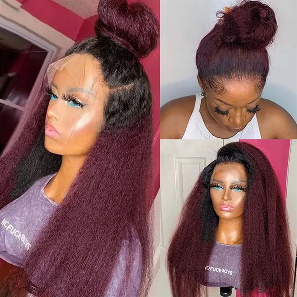 Yaki Long Ombre 99J Glueless 30'' Kinky Straight Lace Front Wig For Women With Baby Hair Synthetic Preplucked Daily Wig