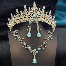 Opal Green Tiaras and earrings necklace Set for Women Bridal Jewelry Sets Wedding Dress Crown Bride Prom Costume Accessories