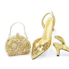 2025 New Designer Specials Italian Women Heels Shoes and Bag Set Coffee Colour Comfortable Women Pumps with Rhinestone for Party