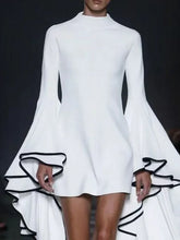 Yeezzi Women Fashion Elegant Flared Sleeves Party Evening Mini Dresses 2024 New Autumn Stand Collar Slim Fit White A-line Dress