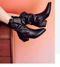 Women Chunky Heeled Western Boots Faux Suede Ankle Boots Woman Autumn Vintage Loose Tube Pleated Mid Calf Cowboy Botas Mujer