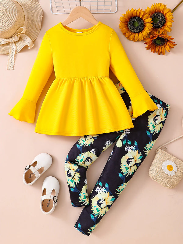Spring and Autumn girls fashion outdoor casual 2-piece set solid color round neck flared sleeve hem pleated shirt + printed tigh