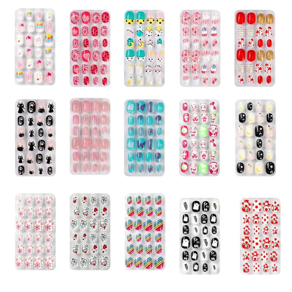 24Pcs/Set Kids Candy Flower Cute Fake Nails Detachable Full Cover False Nails Press On Nails Children Girls Nail Decoration Gift