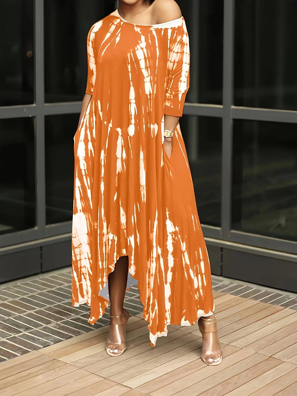 2024 summer women's long skirt slit skirt wide neck tie-dye medium stretch plus size dress