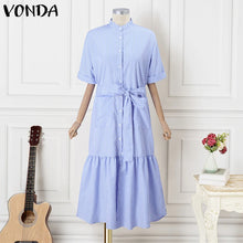 Elegant Striped Printing Short Sleeve Maxi Long Dress Casual Daily Shirt Dress 2025 VONDA Beach Party Sundress Bohemian Vestidos