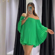 Women's Sexy One Shoulder Pleated Chiffon Long Sleeve Shorts 2 Piece Fashion Loose Shawl Sleeves Elegant Female Beach Shorts Set