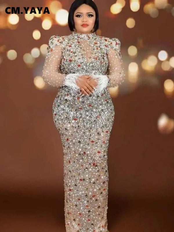 CM.YAYA Vintage Women Mesh See Though Crystal Feather Hem Long Sleeve Bodycon Midi Maxi Long Dress Sexy Party Club Dresses
