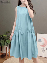 ZANZEA Summer Women's A-line Midi Dresses Casual O-Neck Shirring Pleated Tank Vestidos 2025 Fashion Holiday Solid Robes Femme